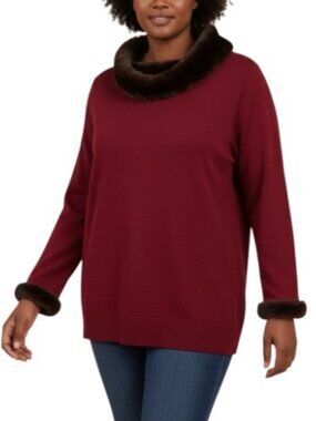 Dialogue NWT Red Merino Wool Blend Sweater Faux Fur Collar Cuffs Women 1X